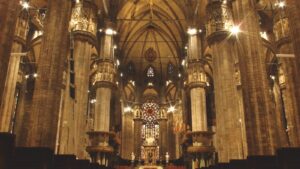 a large cathedral with a lot of tall pillars